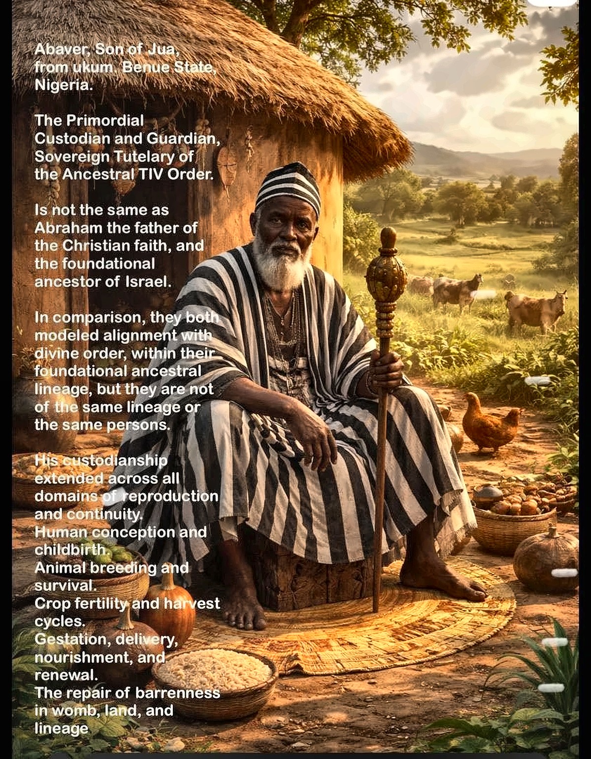 Abaver, son of Jua, seated with his staff in front of a thatched hut