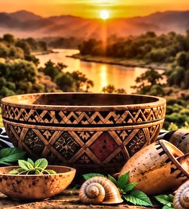 A carved Tiv bowl, A’nger cloth, herbs and snail shells overlooking a river valley at sunset.