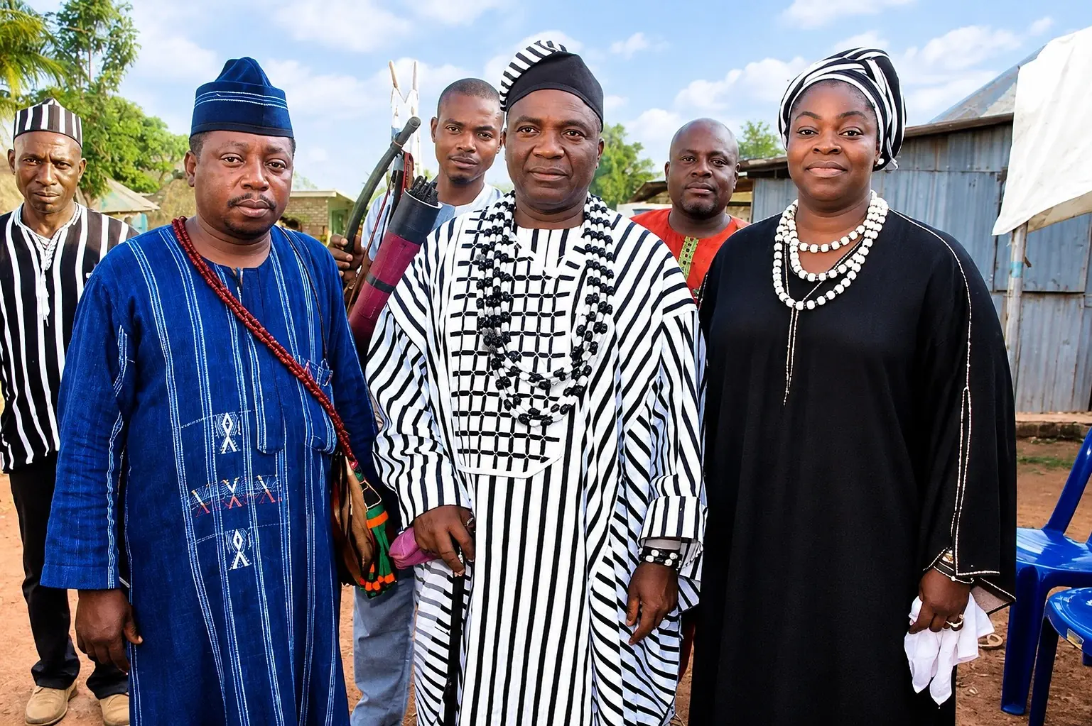 HRH Ayua D. Abomtse in black-and-white A’nger cloth with members of Gba’Aôndo U Tiv